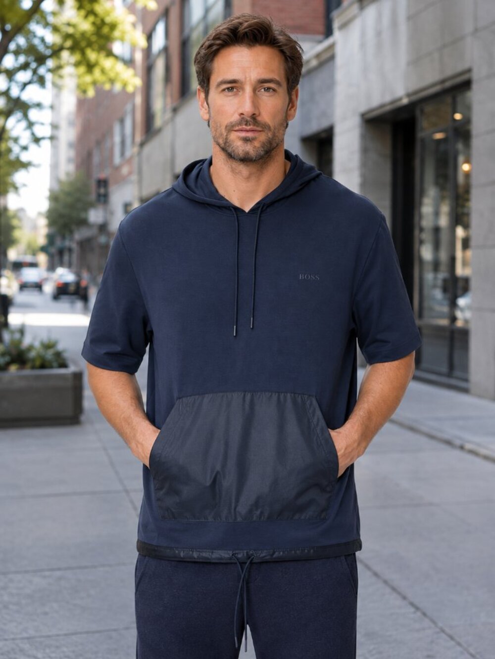 Hugo Boss Men’s Blue Casual Hooded T-Shirt  sz XL Gorpcore Casual Luxury